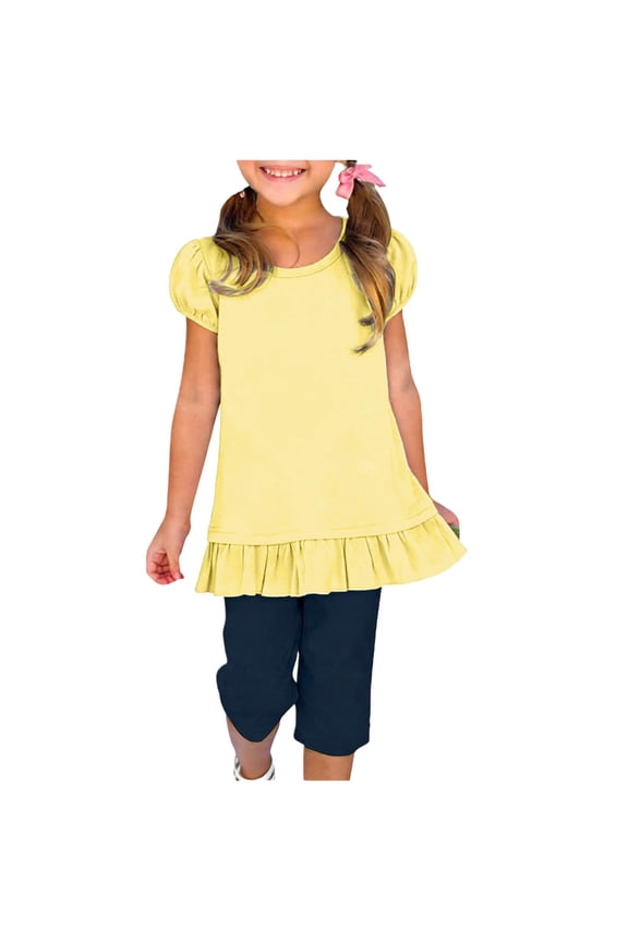 Girls Ruffle Cotton T Shirts- Casual Short Sleeve Summer Soft Kids Fashion Tops Yellow Size 12