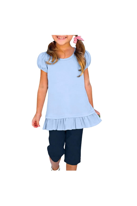 Girls Ruffle Cotton T Shirts- Short Sleeve Casual Summer Soft Kids Fashion Tops Light Blue Size 14