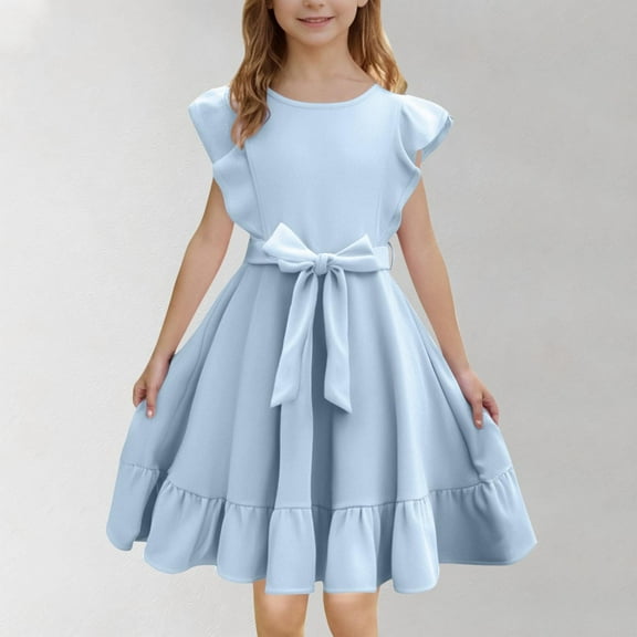 ZOYOEN Girls Ruffle Dresses- Sleeveless Cute Bow Tie Straps Birthday Gift Party Dress Light Blue Size 8