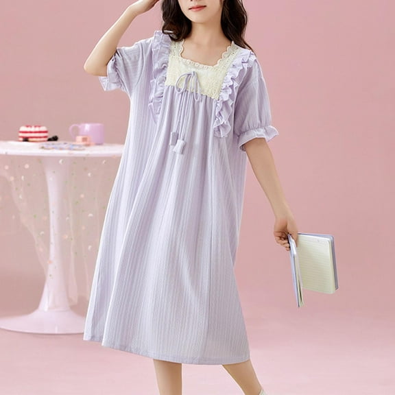 ZOYOEN Girls Ruffle Nightgowns- Short Sleeve Square Neck Summer Soft Cotton Sleepwear Elegant Night Dress Purple Size 8
