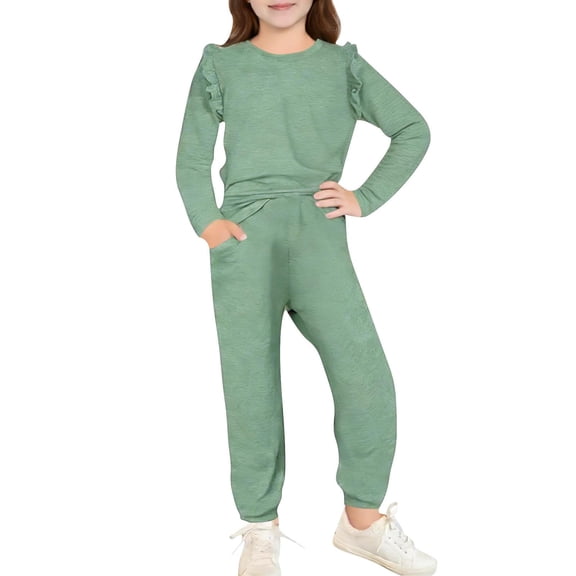ZOYOEN Girls Ruffle Outfits Set- Casual Fashion Cute Long Sleeve Tops and Pants Kids Spring Fall Clothes Green Size 12 Years