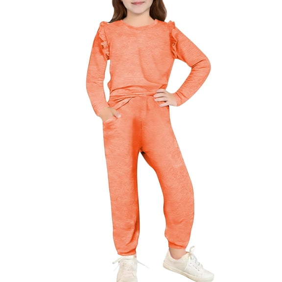 ZOYOEN Girls Ruffle Outfits Set- Cute Casual Fashion Long Sleeve Tops and Pants Kids Spring Fall Clothes Orange Size 8 Years