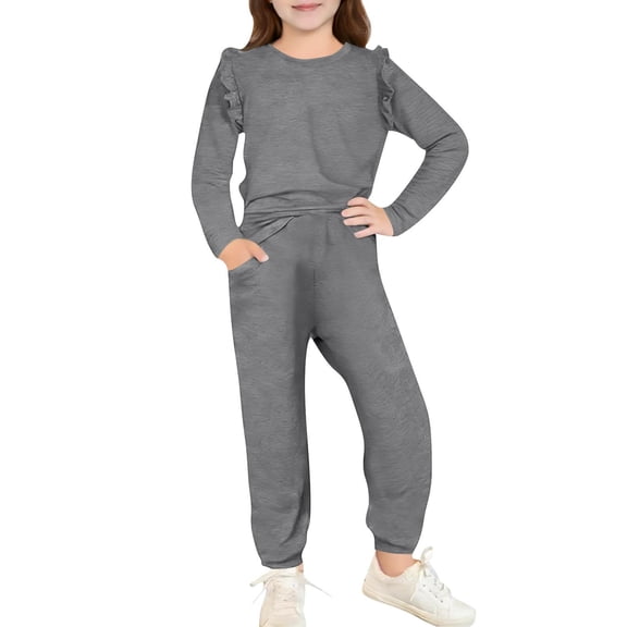 ZOYOEN Girls Ruffle Outfits Set- Long Sleeve Cute Fashion Casual Tops and Pants Kids Spring Fall Clothes Gray Size 12 Years