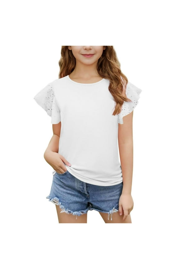 Girls Ruffle Sleeve Shirts- Crewneck Fashion Casual Summer Eyelet Tops Tees White Size 8 Years