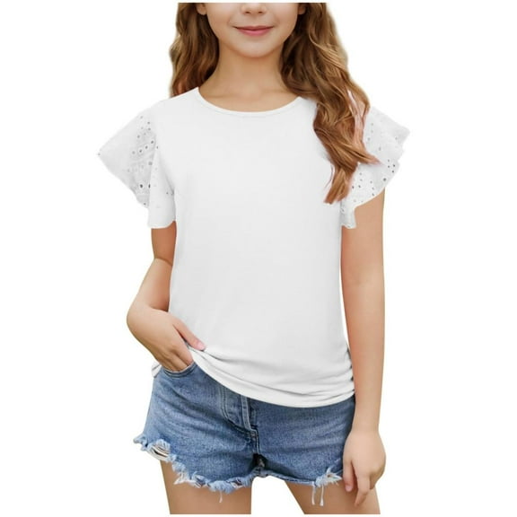 ZOYOEN Girls Ruffle Sleeve Shirts- Summer Crewneck Fashion Casual Eyelet Tops Tees White Size 12 Years