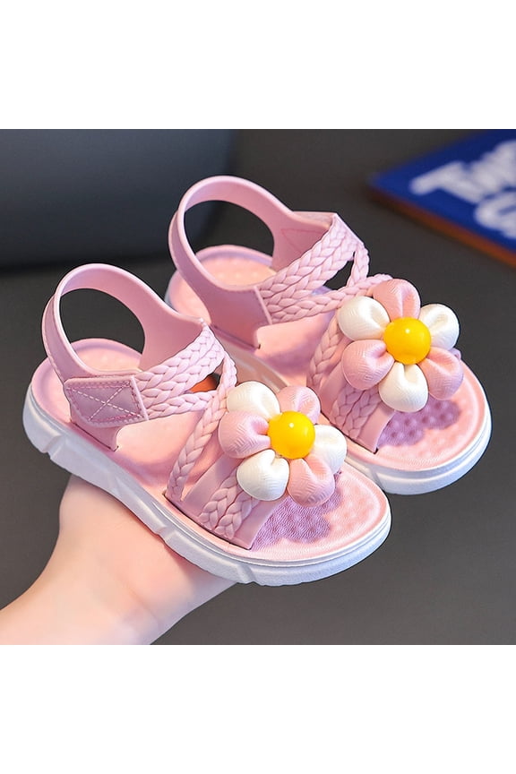 Girls Sandals- Summer Cute Open Toe Casual Flats Dress Sandals Beach Shoes Pink Size Big Kid 4