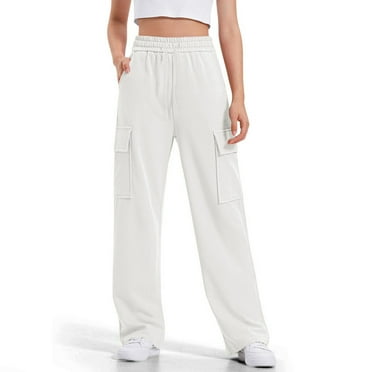 ZOYOEN Girls Sweatpants with Pockets- Drawstring Baggy Wide Leg Casual Cargo Pants White Size 10 Years