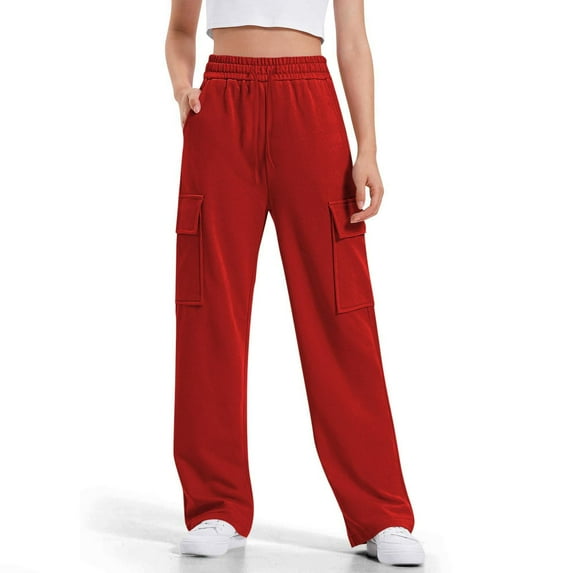 ZOYOEN Girls Sweatpants with Pockets- Wide Leg Baggy Casual Drawstring Cargo Pants Red Size 10 Years