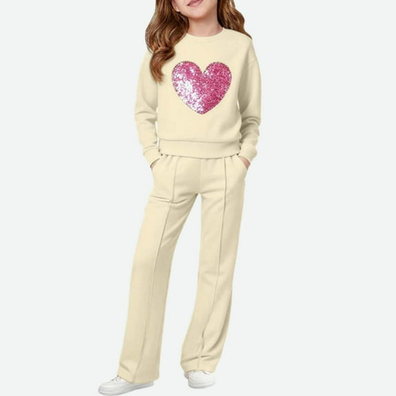 ZOYOEN Girls Sweatsuits 2 PC Sets- Casual Sparkl Cute Long Sleeve Pullover Tops and Sweatpants Beige Size 6
