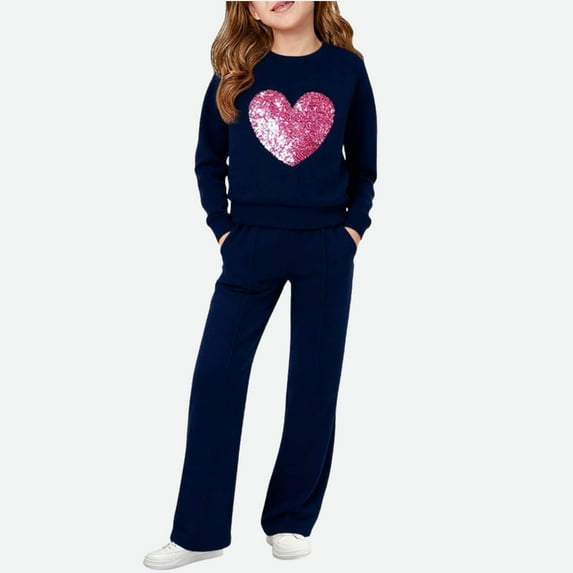 ZOYOEN Girls Sweatsuits 2 PC Sets- Cute Long Sleeve Sparkl Casual Pullover Tops and Sweatpants Navy Size 12