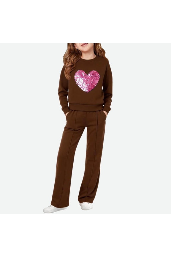 Girls Sweatsuits 2 PC Sets- Long Sleeve Cute Sparkl Casual Pullover Tops and Sweatpants Brown Size 6