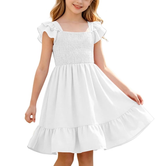ZOYOEN Girls Swing Dress- Cute Ruffle Short Sleeve Summer Square Neck Kids Casual Dress White Size 5