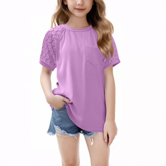 ZOYOEN Girls T Shirts 2025- Casual Cute Trendy Lace Short Sleeve Kids Summer Tops Purple Size 6