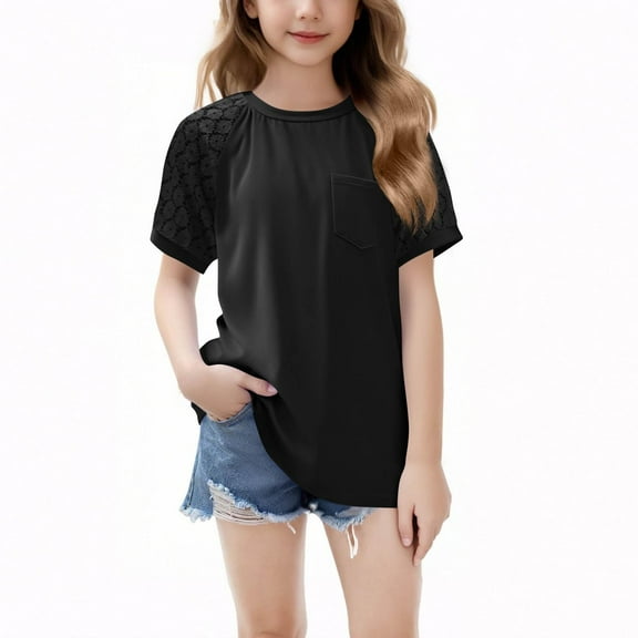 ZOYOEN Girls T Shirts 2025- Cute Trendy Casual Lace Short Sleeve Kids Summer Tops Black Size 12