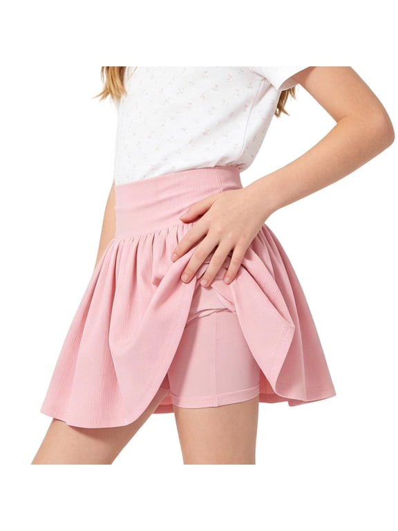 Girls Tennis Skirts with Shorts- Quick Dry High Waisted Flowy Kids Athletic Mini Skorts Pink Size 8