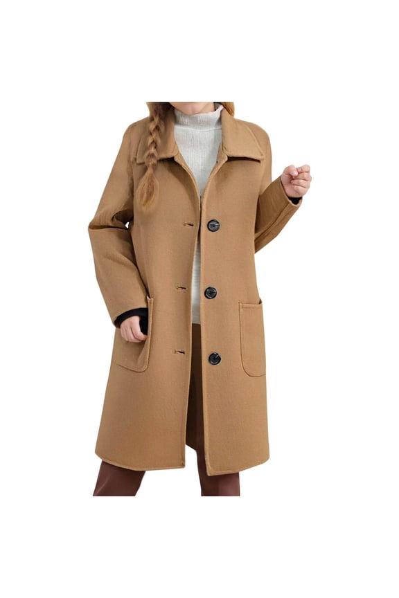 Girls Trench Coat with Pockets- Lapel Elegant Single Breasted Casual Kids Winter Overcoat Khaki Size 5-14