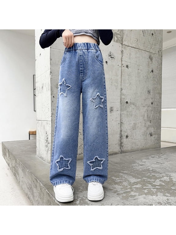 Girls Trendy Jeans- Cute Elastic Waist Casual Denim Pants with Pockets Blue Size 12