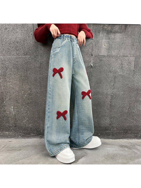 Girls Trendy Jeans- Elastic Waist Casual Cute Denim Pants with Pockets Blue Size 8