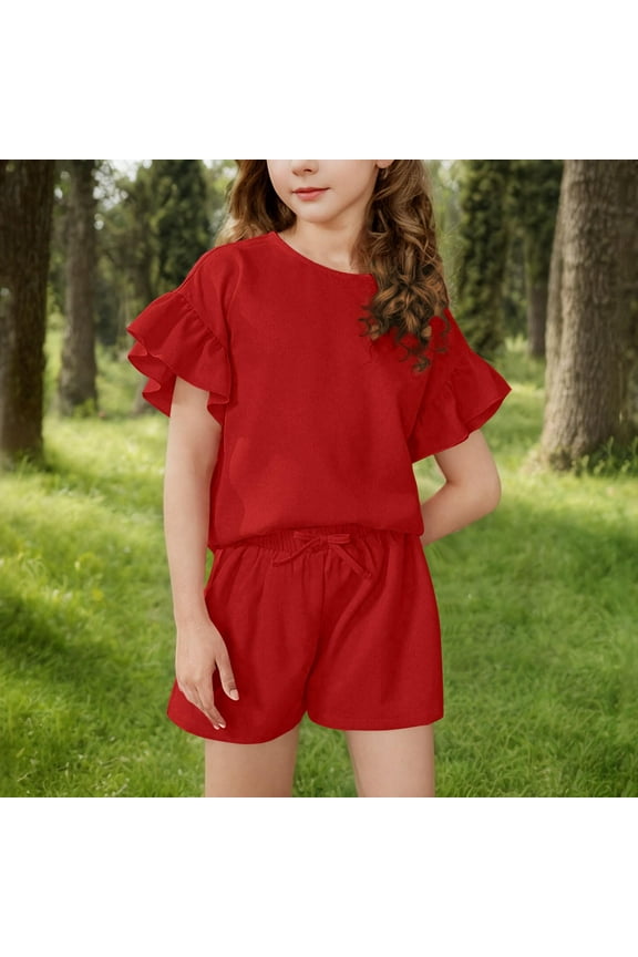Girls Trendy Outfits Set- Quick-Dry Casual Short Sleeve Shirts and Drawstring Shorts Kids Summer Clothes Red Size 12