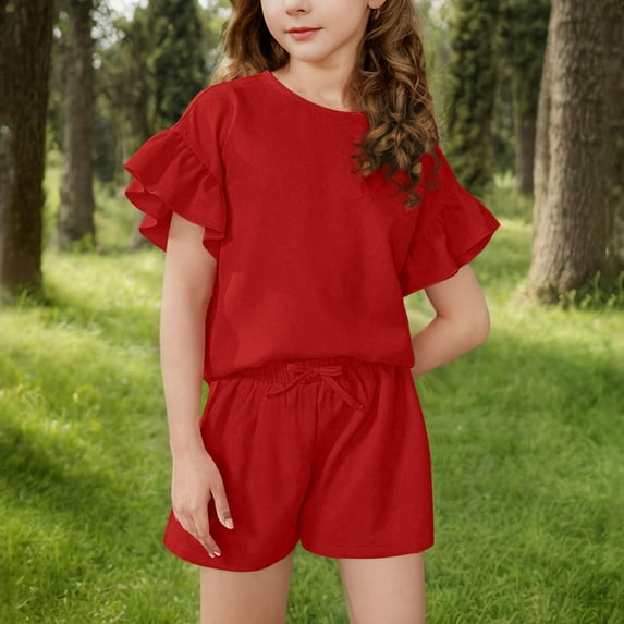 ZOYOEN Girls Trendy Outfits Set- Quick-Dry Casual Short Sleeve Shirts and Drawstring Shorts Kids Summer Clothes Red Size 4-14