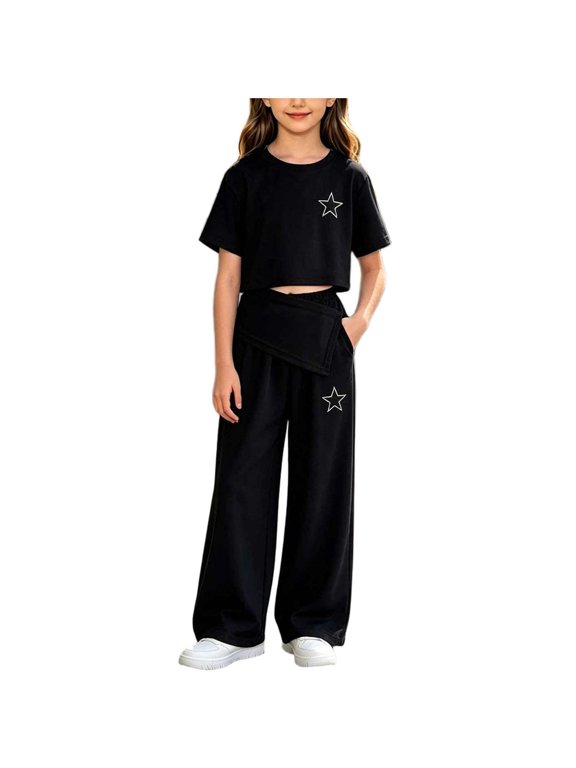 Girls Trendy Outfits Set- Short Sleeve Summer Casual Loose Fit T Shirts and Pants Kids Clothes Black Size 10