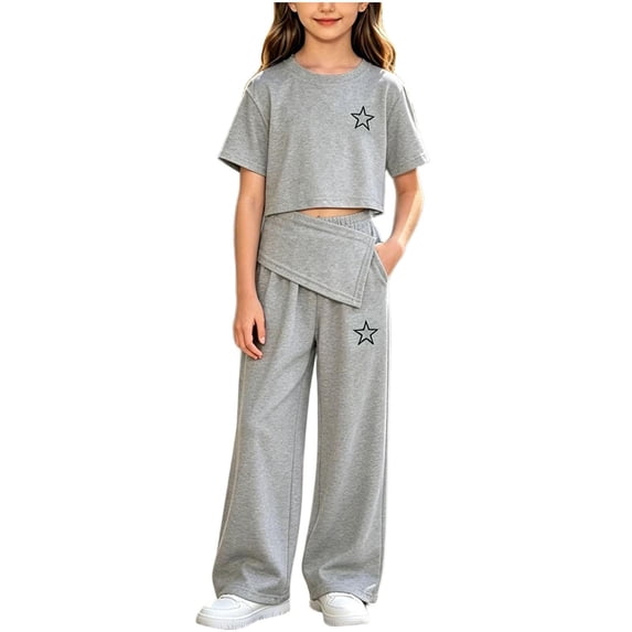 ZOYOEN Girls Trendy Outfits Set- Summer Casual Short Sleeve Loose Fit T Shirts and Pants Kids Clothes Gray Size 8