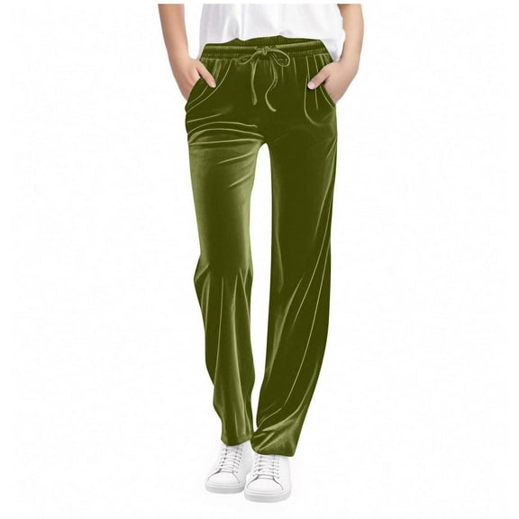 ZOYOEN Girls Velvet Pants- Elastic Waist Warm Straight Leg Soft Casual Kids Pants Green Size 14 Years