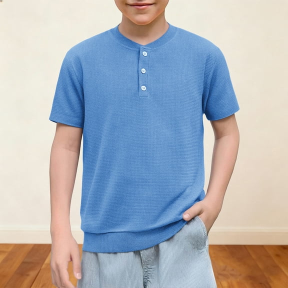 ZOYOEN Little Boys Waffle Henley T Shirts- Casual Short Sleeve Summer Kids Fashion Tops Tees Blue Size 4-12