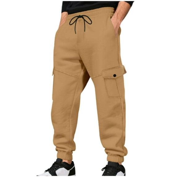 ZOYOEN Mens Cargo Sweatpants Fleece Lined- Casual Elastic Waist Drawstring Warm Jogger Pants Khaki Size 3XL