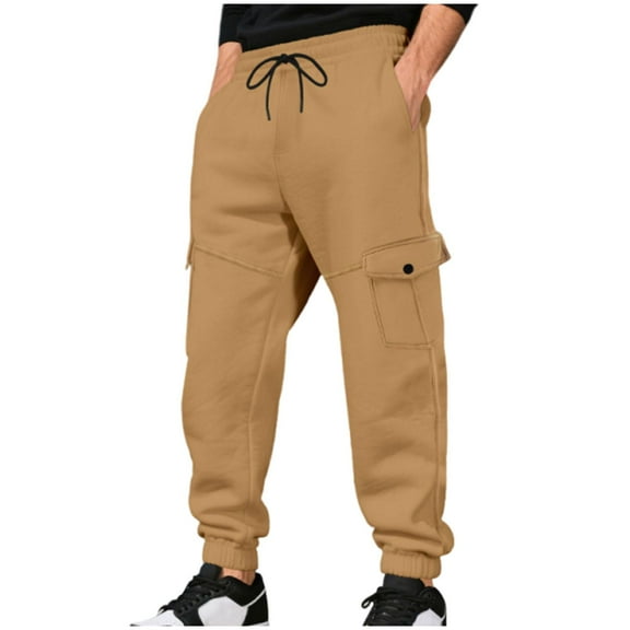 ZOYOEN Mens Cargo Sweatpants Fleece Lined- Elastic Waist Drawstring Warm Casual Jogger Pants Khaki Size M