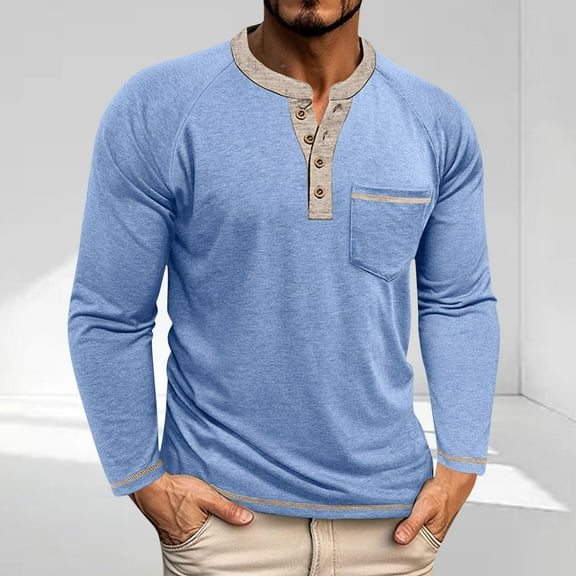 ZOYOEN Mens Cotton Henley Shirts with Pocket- Casual Fashion Long Sleeve Crewneck Fall Tops Blue Size M