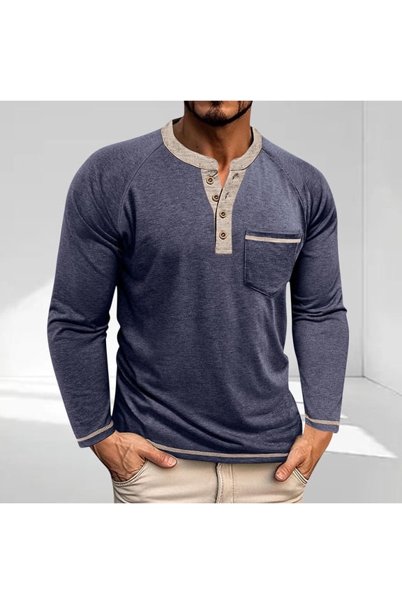 Mens Cotton Henley Shirts with Pocket- Fashion Casual Long Sleeve Crewneck Fall Tops Navy Size S-3XL