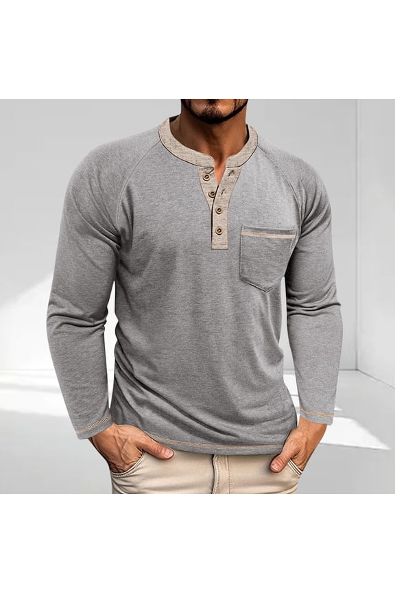 Mens Cotton Henley Shirts with Pocket- Fashion Long Sleeve Crewneck Casual Fall Tops Gray Size 3XL