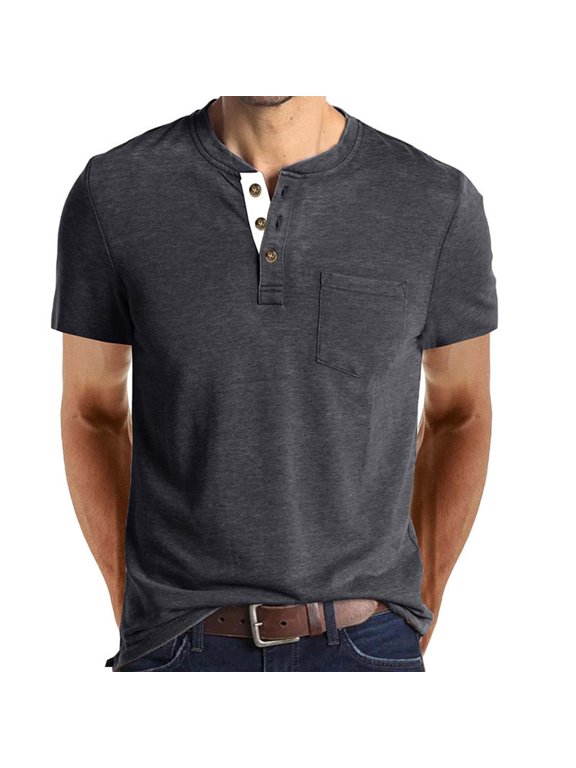 Mens Cotton Henley T Shirts with Pocket- Fashion Regular Fit Short Sleeve Casual Summer Tees Dark Gray Size 3XL