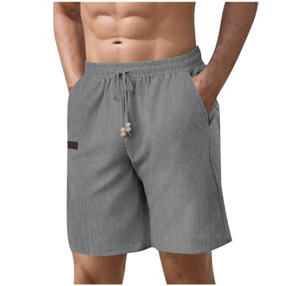ZOYOEN Mens Cotton Linen Shorts with Pockets- Elastic Waist Knee length Drawstrings Casual Summer Beach Shorts Gray Size S