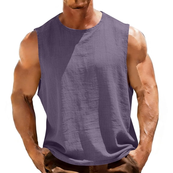 ZOYOEN Mens Cotton Linen Tank Tops- Casual Loose Fit Crewneck Sleeveless Summer Shirts Purple Size S