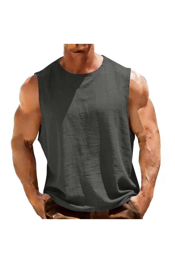 Mens Cotton Linen Tank Tops- Crewneck Casual Sleeveless Loose Fit Summer Shirts Gray Size 3XL