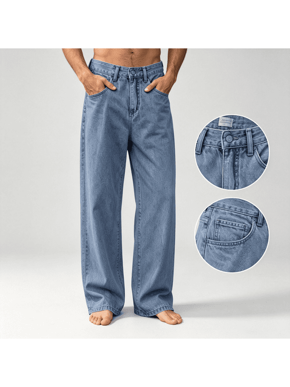 Mens Denim Pants Comfort Waist Stretch Relaxed Fit Wide Leg Casual Fashion Jeans with Pockets Light Blue L