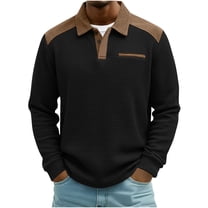 ZOYOEN Mens Fashion Waffle Polo Shirts- Button Up Long Sleeve Color Block Casual Golf Shirts Black Size XL