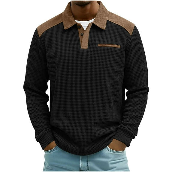 ZOYOEN Mens Fashion Waffle Polo Shirts- Button Up Long Sleeve Color Block Casual Golf Shirts Black Size XL