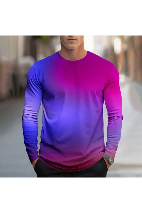 Mens Gradient T-shirts- Crewneck Long Sleeve Fashion Casual Graphic Tee Hot Pink Size XL