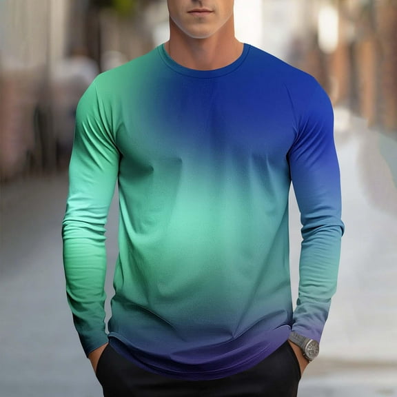 ZOYOEN Mens Gradient T-shirts- Fashion Casual Long Sleeve Crewneck Graphic Tee Blue Size XL