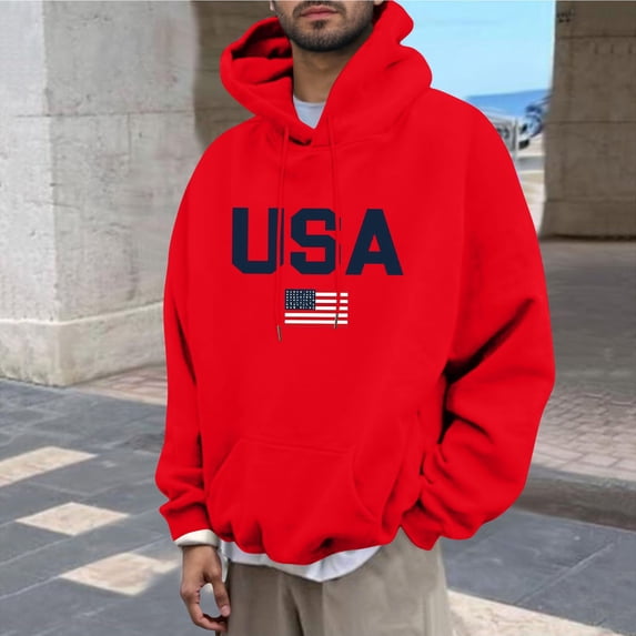 ZOYOEN Mens Graphic Hoodie with Drawstring- Relaxed Fit Long Sleeve Casual Trendy Pullover Sweatshirt Red Size M