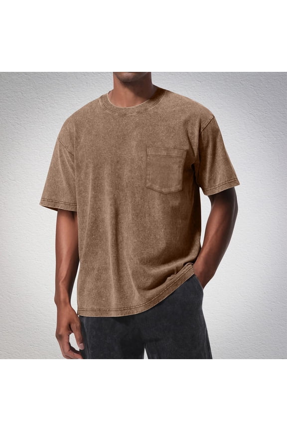 Mens Heavyweight Cotton T Shirts with Pocket- Crewneck Short Sleeve Loose Fit Casual Distressed Tees Brown Size XL