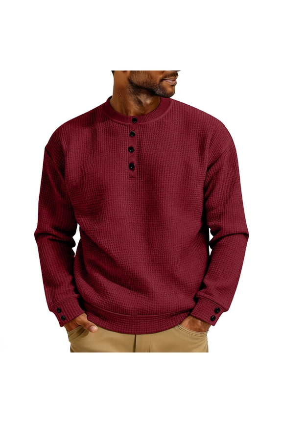 Mens Henley Shirts with Snaps- Waffle Classic Casual Long Sleeve T Shirts Red Size 3XL