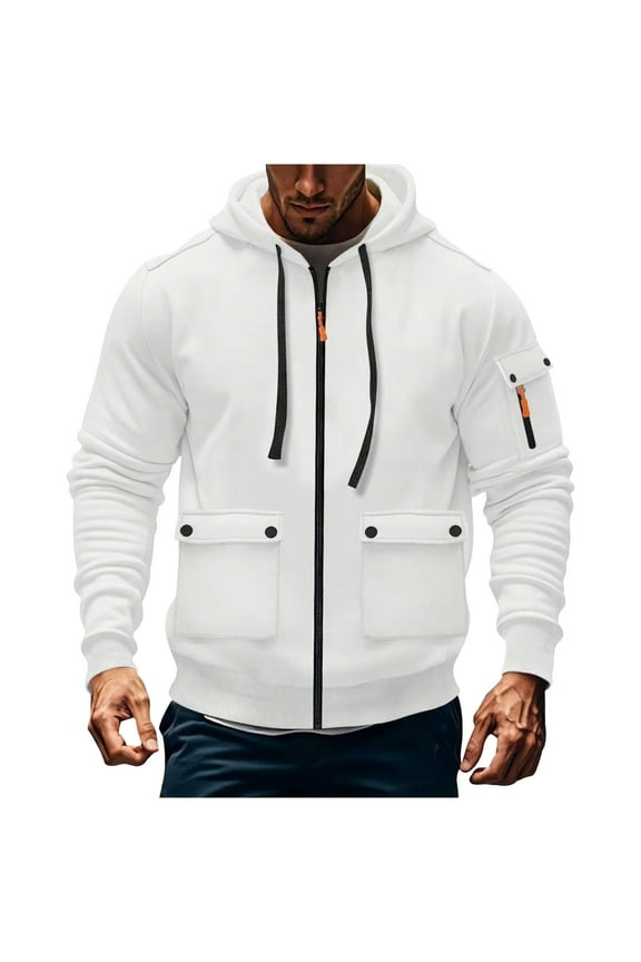 Mens Hoodies with Zipper- Casual Multiple Pockets Midweight Long Sleeve Fashion Sweatshirt White Size 2XL