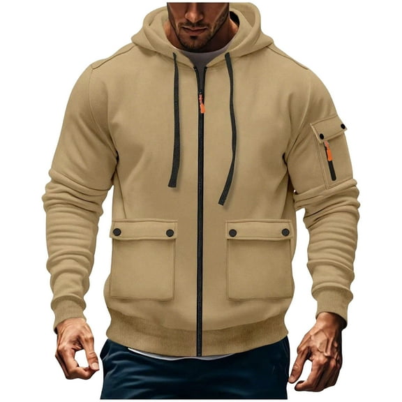 ZOYOEN Mens Hoodies with Zipper- Midweight Multiple Pockets Long Sleeve Casual Fashion Sweatshirt Khaki Size XL