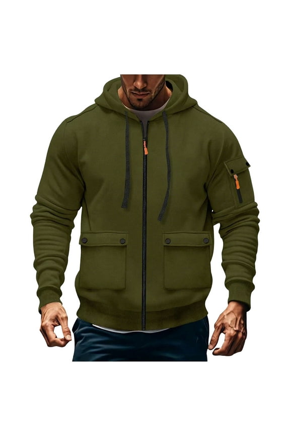 Mens Hoodies with Zipper- Multiple Pockets Casual Long Sleeve Midweight Fashion Sweatshirt Army Green Size S-3XL