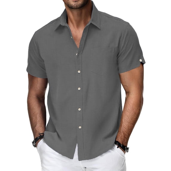 ZOYOEN Mens Linen Shirts Short Sleeve- Loose Fit Button Down Casual Summer Beach Shirts Dark Gray Size S