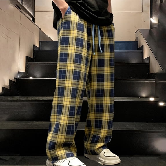ZOYOEN Mens Plaid Casual Pants- Wide Leg Baggy Elastic Waist Fashion Fleece Lounge Pants Yellow Size S